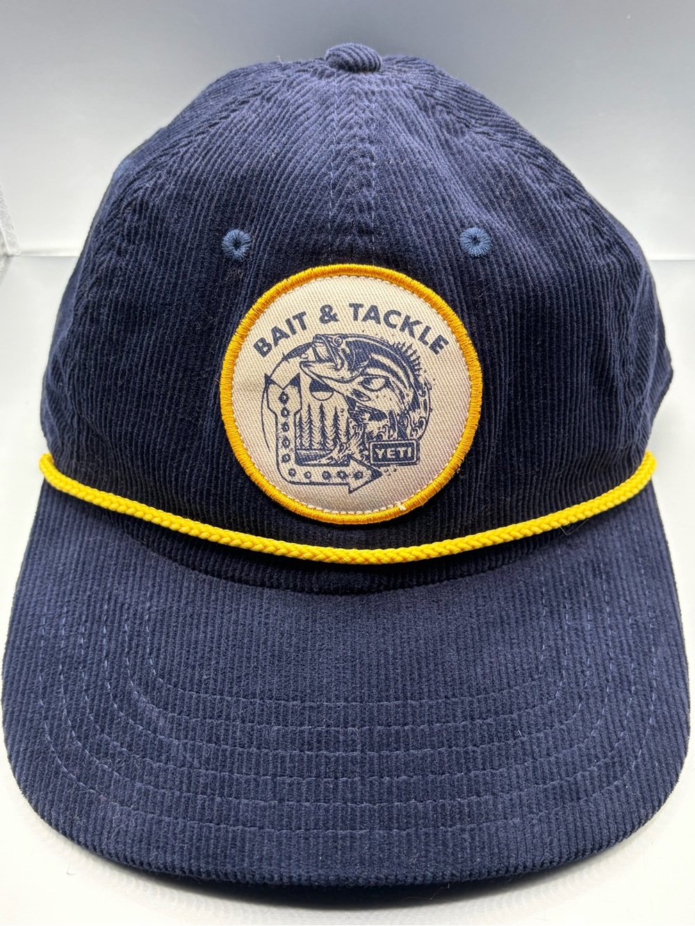 YETI Bait & Tackle Navy Blue Corduroy Yellow Rope Snapback Fishing Hat OSFM